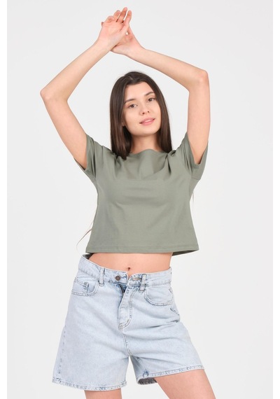 As Collection Yeşil Bisiklet Yaka Kısa Kol Örme Kadın Crop Yeşil