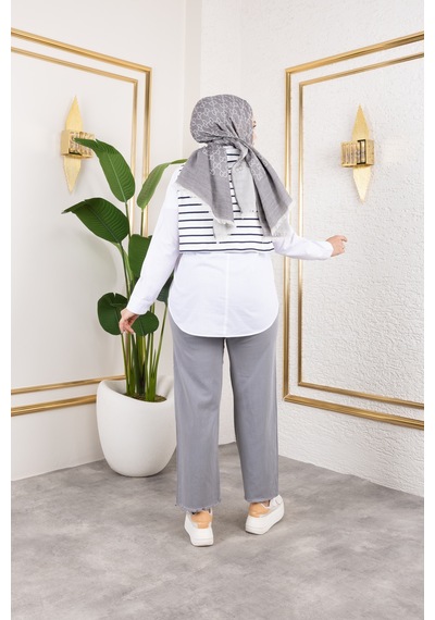 Nevayla Moda Beli Lastikli Keten Pantolon - Gri / A0104 Gri
