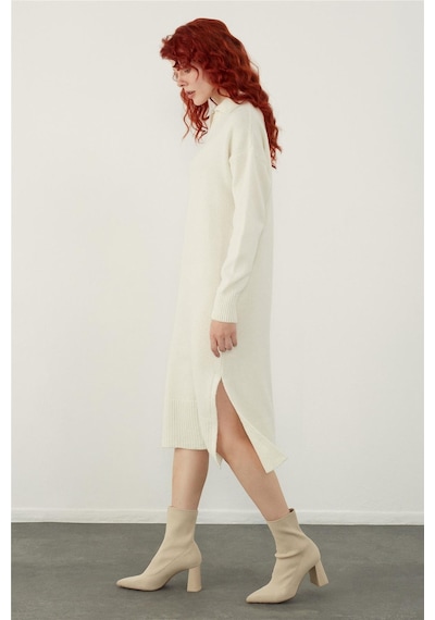 Sherin Ekru Polo Yaka Basic Midi Triko Elbise-ekru