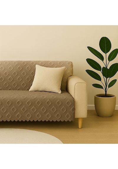 Şönil Jakarlı Kaymaz Koltuk Örtüsü 175x215 Cm Çekyat Uyumlu, Yıkanabilir Vizon