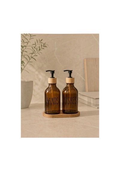 Bambu Stantlı Antrasit 2'li Cam Sıvı Sabunluk Seti 350ml Kahverengi Kahverengi