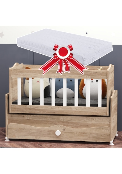Garaj Home İnci Çekmeceli Anne Yanı Beşik + Yatak - Meşe Beyaz