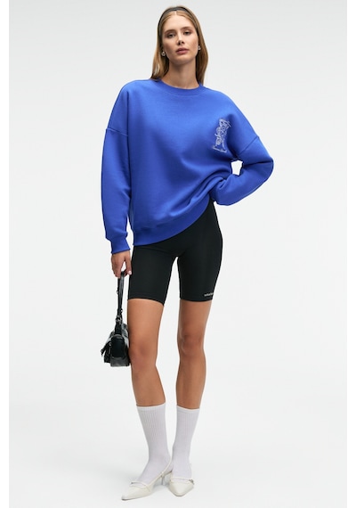 Grımelange AUDRA Kadın Oversize Yuvarlak Yaka Nakış Detaylı Mavi Sweatshirt