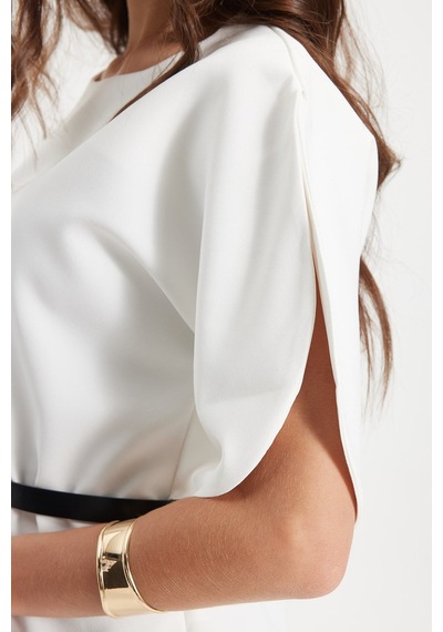 Tudors Kadın Slim Fit Dar Kesim Kol Detaylı İnce Kemerli Fermuarlı Beyaz Bluz Gömlek-50759
