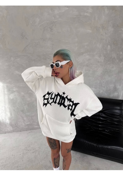 İkales Unisex Üç İplik Kapşonlu Baskılı Sweatshirt - Beyaz