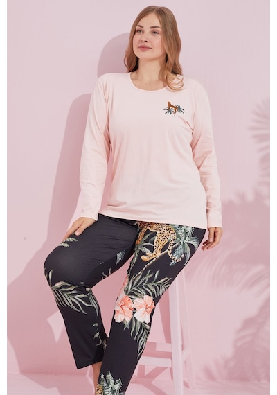 Siyah İnci Pamuklu Curve Büyük Beden Battal Boy Örme Pijama Takım24240727 Somon