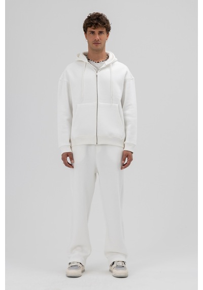 Vamos Basic Fermuarlı Oversize Kapüşonlu Sweatshirt Ekru
