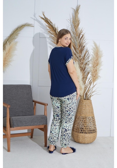 Sevim Kadın Büyük Beden Kısa Kol Lacivert Pijama Takım C3t4n851 001