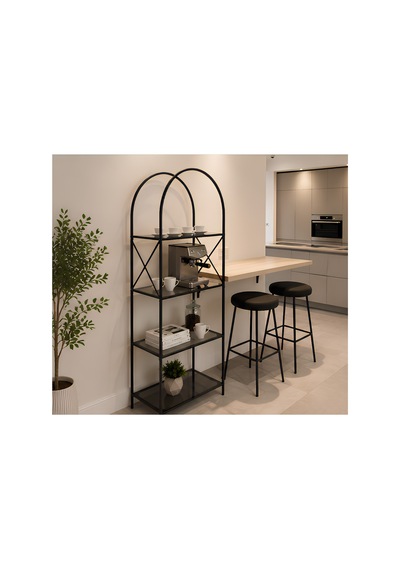 Metal Kitaplık Ve Dekoratif Raf 180x70 Cm Statik Boyalı Temperli Cam Siyah