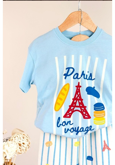 Monila Erkek Çocuk Pamuklu Mavi Paris Baskılı T-shirt Ve Çizgili Pantolon Alt Üst Takım
