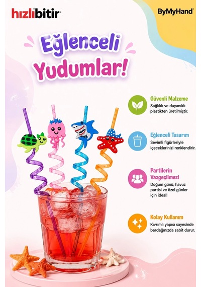 Bymyhand Plastik Kıvrımlı Renkli Karışık Figürlü 4'lü Pipet Set Karışık Renk Ve Model Çok Renkli