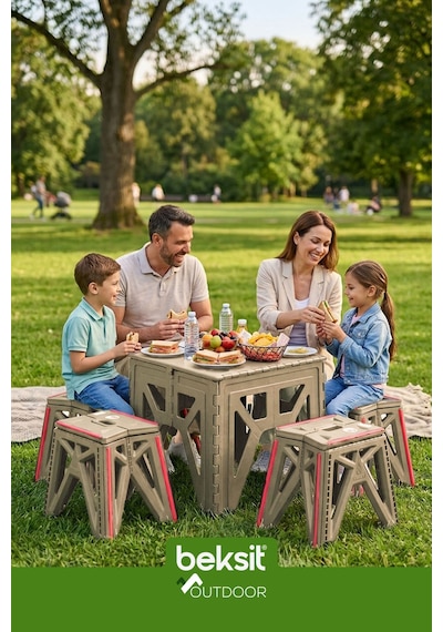 Outdoor Herkül Premium Katlanır Kamp Masa Takımı Seti-bej Çantalı Bej Bej