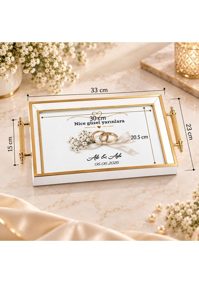 Bk Gift Kişiye Özel Beyaz&gold Söz Nişan Tepsisi-3 - 39x23 Cm Çok Renkli