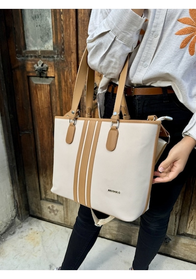 Just Polo Kadın Yeni Sezon Büyük Boy 3 Bölmeli Lüks El Ve Omuz Çantası Shoulder Bag Krem