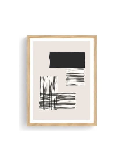 Doğal Ahşap Çerçeveli Minimal Line Art Desenli Tablo - Soyut Huhu1566