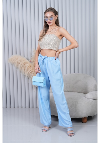 Polologin Butik Beli Bağcıklı Yüksek Bel Bol Paça Açık Mavi Pantolon Mavi