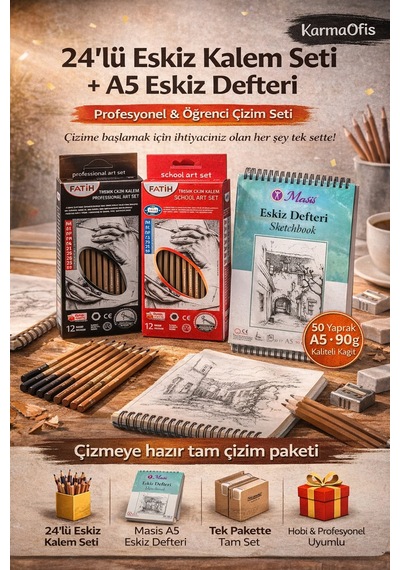 24 Lü Eskiz Kalem Seti + Spiralli A5 Eskiz Defteri Çizim & Sketchbook Seti 50 Yaprak 90g
