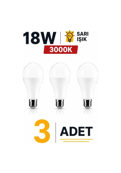 Şahnet 18w E27 Led Ampul 3000k Sarı Işık 3 Adet Yüksek Aydınlatma Led Lamba