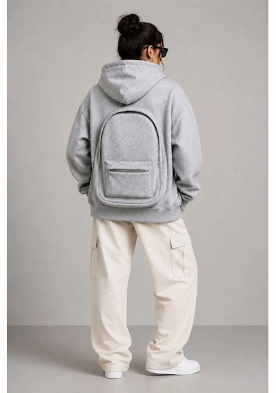 Moda Kadın 3 İplik Şardonlu Tam Fermuarlı Kapüşonlu Arka Çanta Detaylı Sweatshirt - Gri Çok Renkli