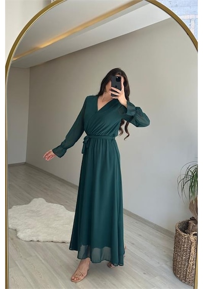 Neşeli Butik Kadın Uzun Kollu Kuşaklı Maxi Şifon Elbise Nm001 Yeşil