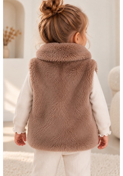 Luess Kız Bebek Peluş Yelek Kalp Nakışlı Vizon Sütlü Kahve