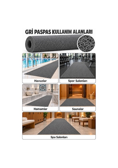 Hortumtech Kıvırcık Paspas Kir Tutucu Pvc Kapı Önü İç Dış Mekan Eko 12 Mm - Gri 100 X 450 Cm