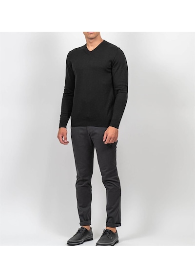 Erkek V Yaka Triko Slim Fit Pamuklu Kazak Ncs Jeans 3002-Siyah