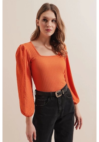 Defymoda 0442 Uzun Kollu Bluz - Turuncu Turuncu