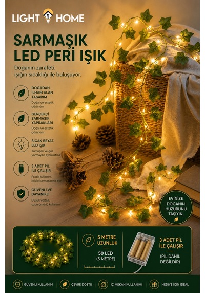 5 Metre 50 Led Li Yapay Sarmaşık Peri Işık Balkon, Bahçe, Oda Ve Duvar Dekoru Sarı
