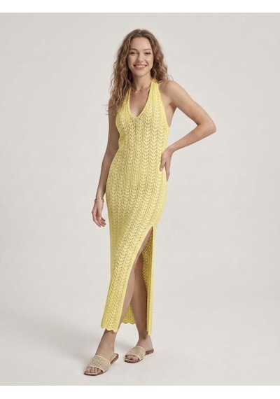 Neden Tekstil Kadın Ajurlu Halter Yaka Yırtmaçlı Uzun Beachwear Elbise - Plaj Elbisesi - Sarı