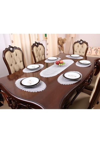 Tropik Home 6 Kişilik Amerikan Servis Supla Ve Runner Takımı 7 Parça Çeyiz Seti Nakışlı Masa Ve Sunum Seti Gri Diğer