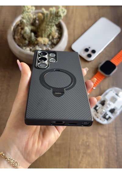 Samsung Galaxy S24 Ultra Uyumlu Karbon Desenli Standlı Ve Magsafe Uyumlu Kılıf Soocase700 Siyah