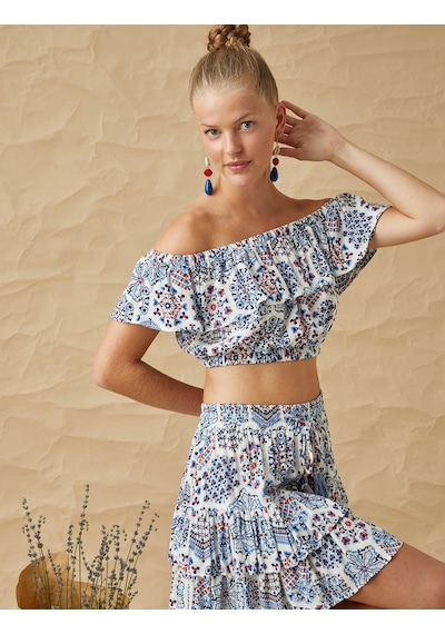 Koton Etnik Desenli Fırfırlı Omzu Açık Crop Bluz Mavi Desenli 2sak60207ew 2SAK60207EW03V