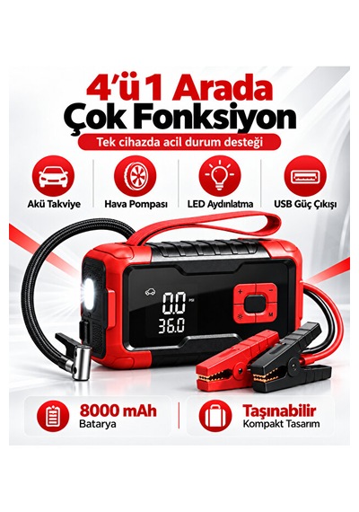 Taşınabilir Akü Takviye Cihazı Ve Dijital Hava Kompresör 1000a 8000 Mah 150 Psı Dijital Ekranlı Led Işıklı Lastik Şişirme