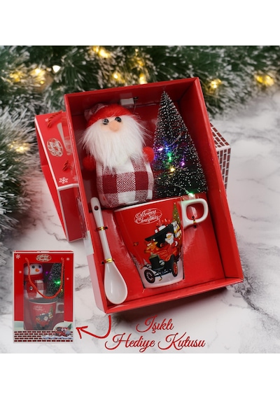 Özel Işıklı Hediye Kutusunda Yılbaşı Figürü & Masaüstü Çam Ağacı & Kupa & Kaşık Yeni Yıl Noel Premium Hediye Seti