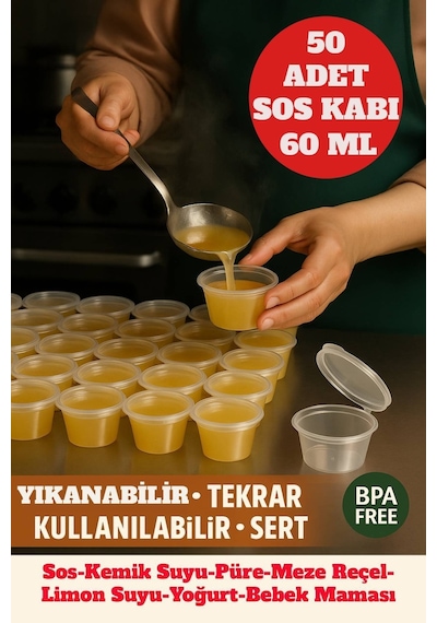 60 Ml Kendinden Kapaklı Şeffaf Sosluk Sızdırmaz, Sıcağa Dayanıklı, Tekrar Kullanılabilir 50 Li Set Diğer