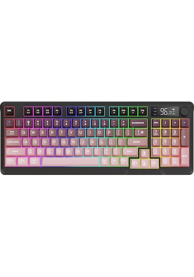 M96 Kablosuz 2.4ghz Kablosuz + Bt Çift Modlu Klavye Led Ekranlı Oyun Klavyesi İle Pbt Knob Rainbow