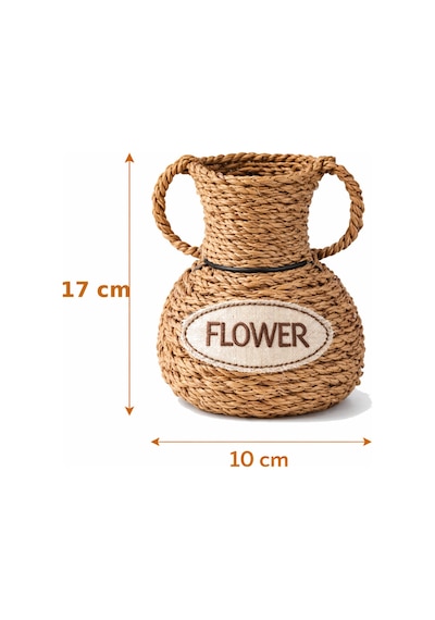 El Yapımı Vintage Tasarım Doğal Hasır Vazo,17 Cm,dekoratif Flower Yazılı Bohem Rattan Saksı,çiçeklik Bej