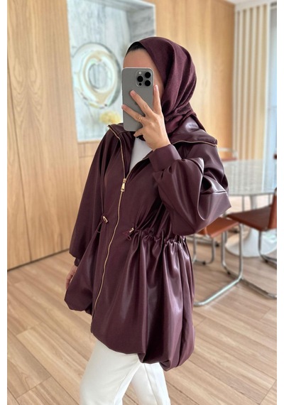 Kahijab Beli Büzgülü Deri Ceket - Bordo Bordo