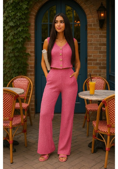 Gugus Kadın Gofre Yelekli Alt/üst Takım Wide Lege Yüksek Bel Geniş Paça Model Pembe