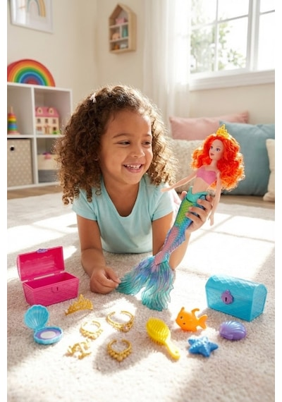 Sasha Deniz Kızı Oyuncak Bebek - Aksesuarlı, Taraklı, Hazine Sandıklı Büyük Set 40 Cm L
