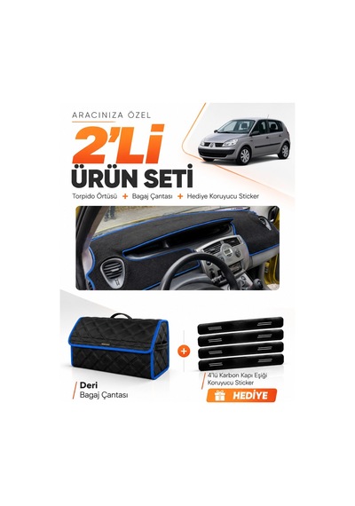 Renault Scenıc 2 2003-2009 Uyumlu Torpido Örtüsü + Deri Bagaj Çantası + Sticker Seti - Siyah Mavi