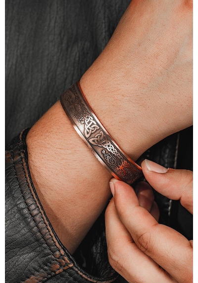 Erkek Bakır Bileklik - Viking Hayat Ağacı - Yggdrasill İskandinav Mitolojisi Erkek Kelepçe Bileklik Rose Gold
