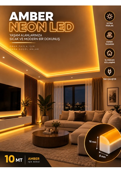 Orsan 10 Metre Amber Renk Tak Çalıştır Ultra Parlak Ultra Esnek Yüksek Performanslı Borsan 220v Neon Led Amber Montaj Aparatı Dahil