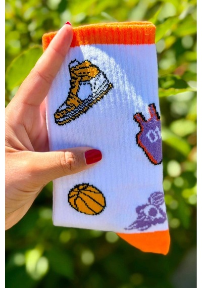 Lousocks Unisex Basketbol Desenli 3'lü Tenis Spor Çorap Beyaz