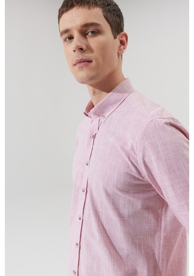 Ac&Co / Altınyıldız Classics Erkek Bordo Slim Fit Dar Kesim Düğmeli Yaka Keten Görünümlü %100 Pamuk Flamlı Gömlek Bordo