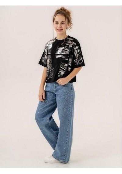Zekids Kız Çocuk Bol Paça Taşlı Denim Pantolon-13901-mavi Mavi