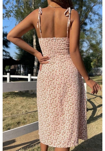Bella Notte Çiçek Baskılı Düğümlü Askılı Yazlık Elbise Pembe