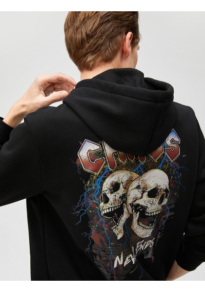Koton Kapşonlu Sweatshirt Kuru Kafa Baskılı Uzun Kollu Siyah 3sam70129mk Siyah