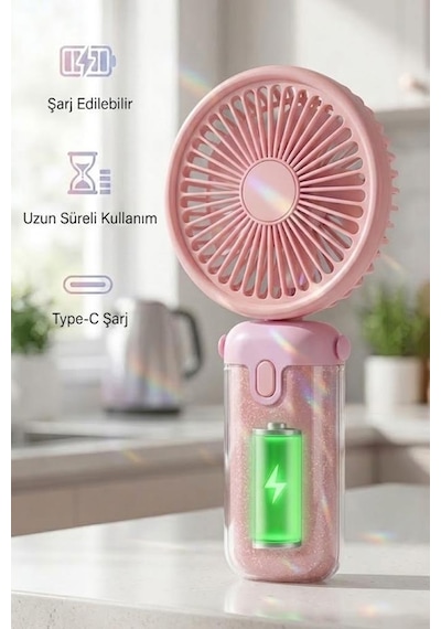 Şarjlı El Vantilatörü Masaüstü Stantlı 3 Kademeli Taşınabilir Mini Fan F57 Pembe